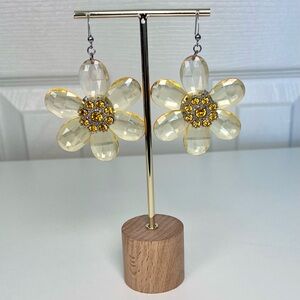 Yellow Flower Earrings with Orange Rhinestones Boho Hippie Statement Piece
